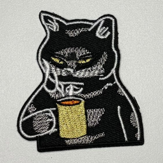Embroidered Patch - Black Cat drinking Coffee
