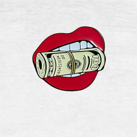 Ceramic Pin - Mouth Biting Down on Money