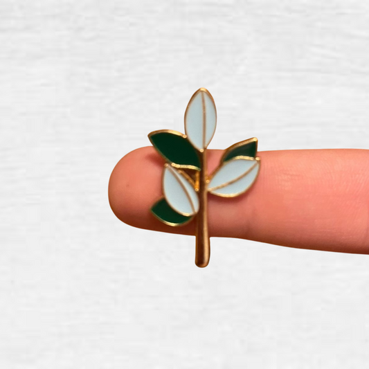 Ceramic Pin - White and Green Leaves on stalk