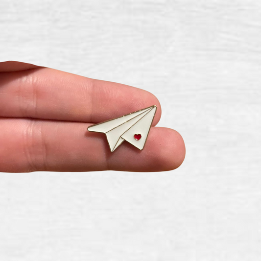Ceramic Pin - White Paper Plane with Heart