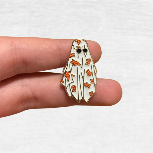Ceramic Pin - Ghost with Orange Leaves