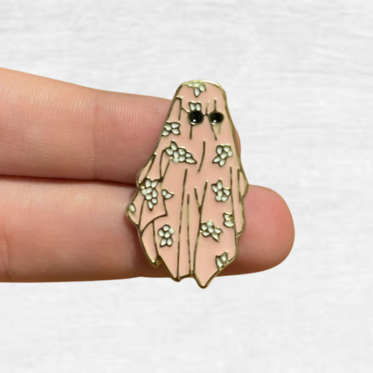 Ceramic Pin - Ghost with White Leaves and Pink Cloth